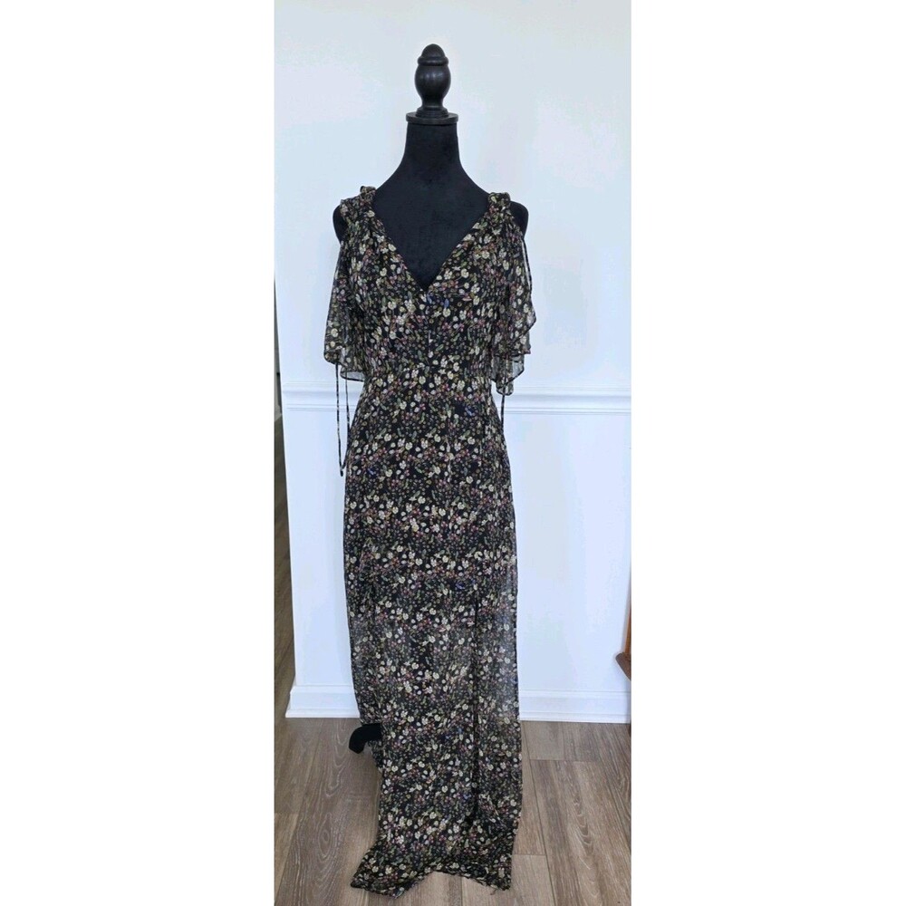 French Connection Floral Maxi Dress Black Cold Shoulder Flutter Sleeve Boho XS